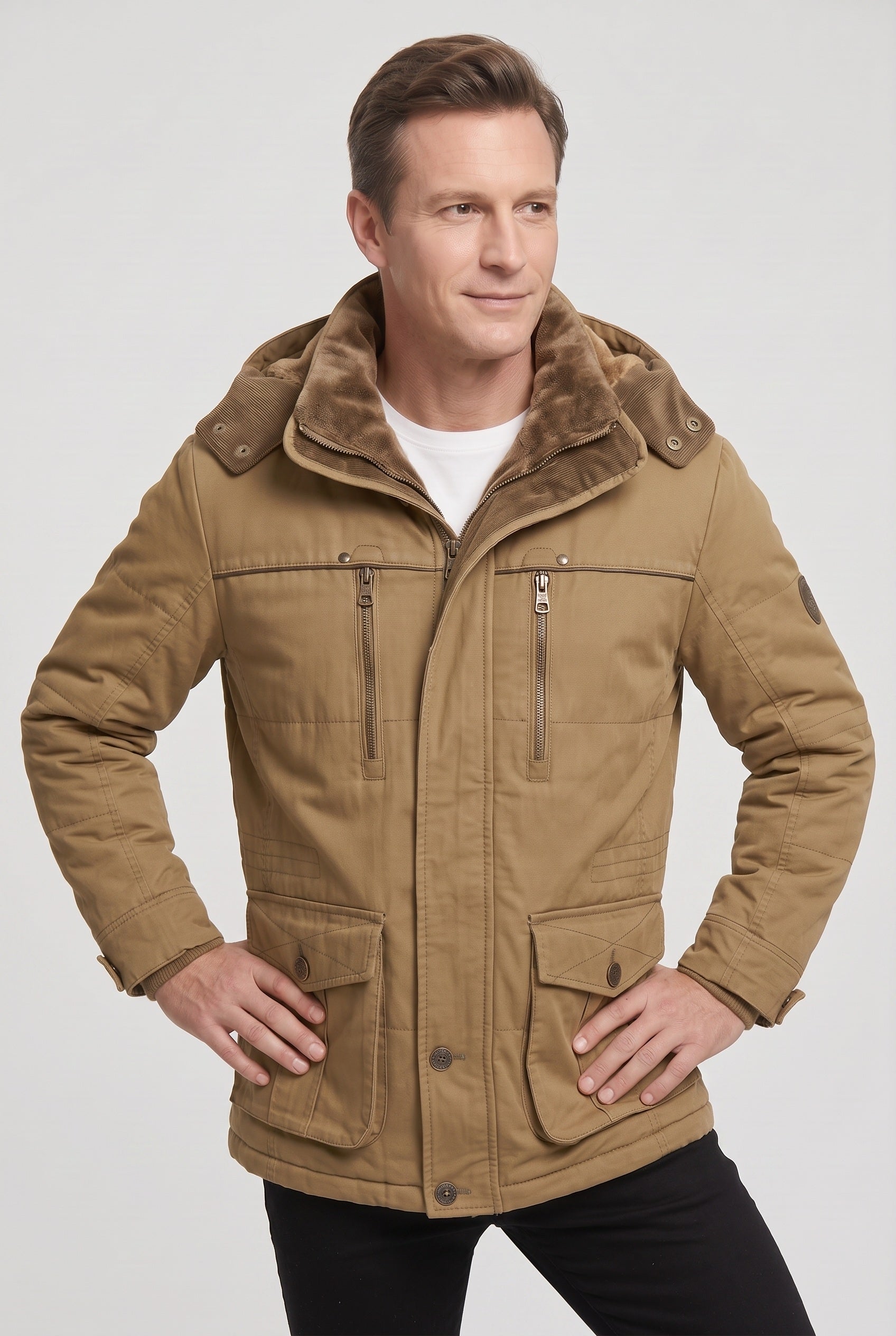 Men's Jacket | Hooded Zip Front - Khaki