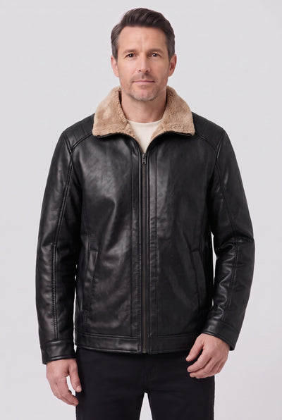 Men's Jacket | Leather-Look Fleece Aviator - Black