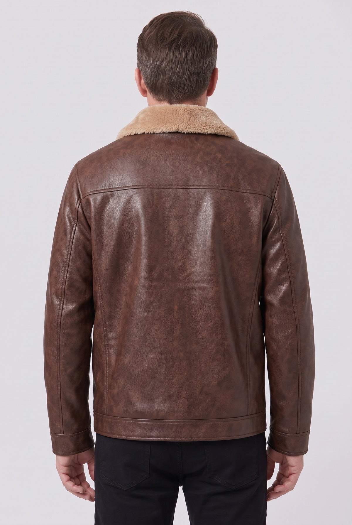 Men's Jacket | Leather-Look Fleece Aviator - Brown back