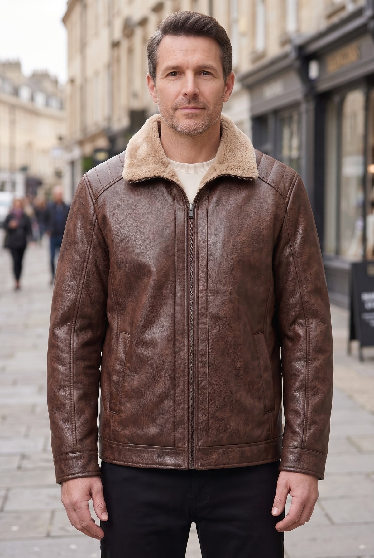 Men's Jacket | Leather-Look Fleece Aviator - Brown lifestyle