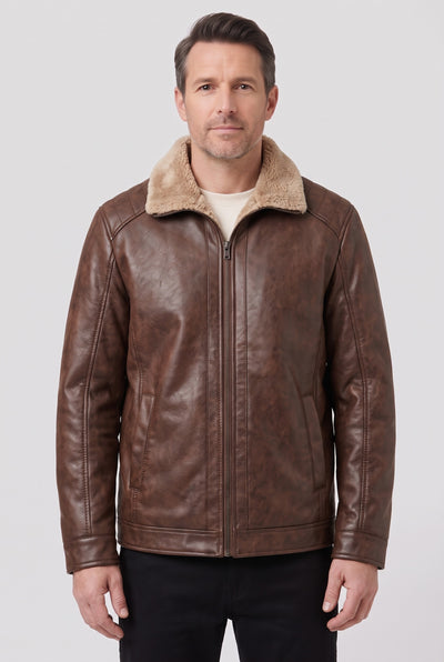 Men's Jacket | Leather-Look Fleece Aviator - Brown
