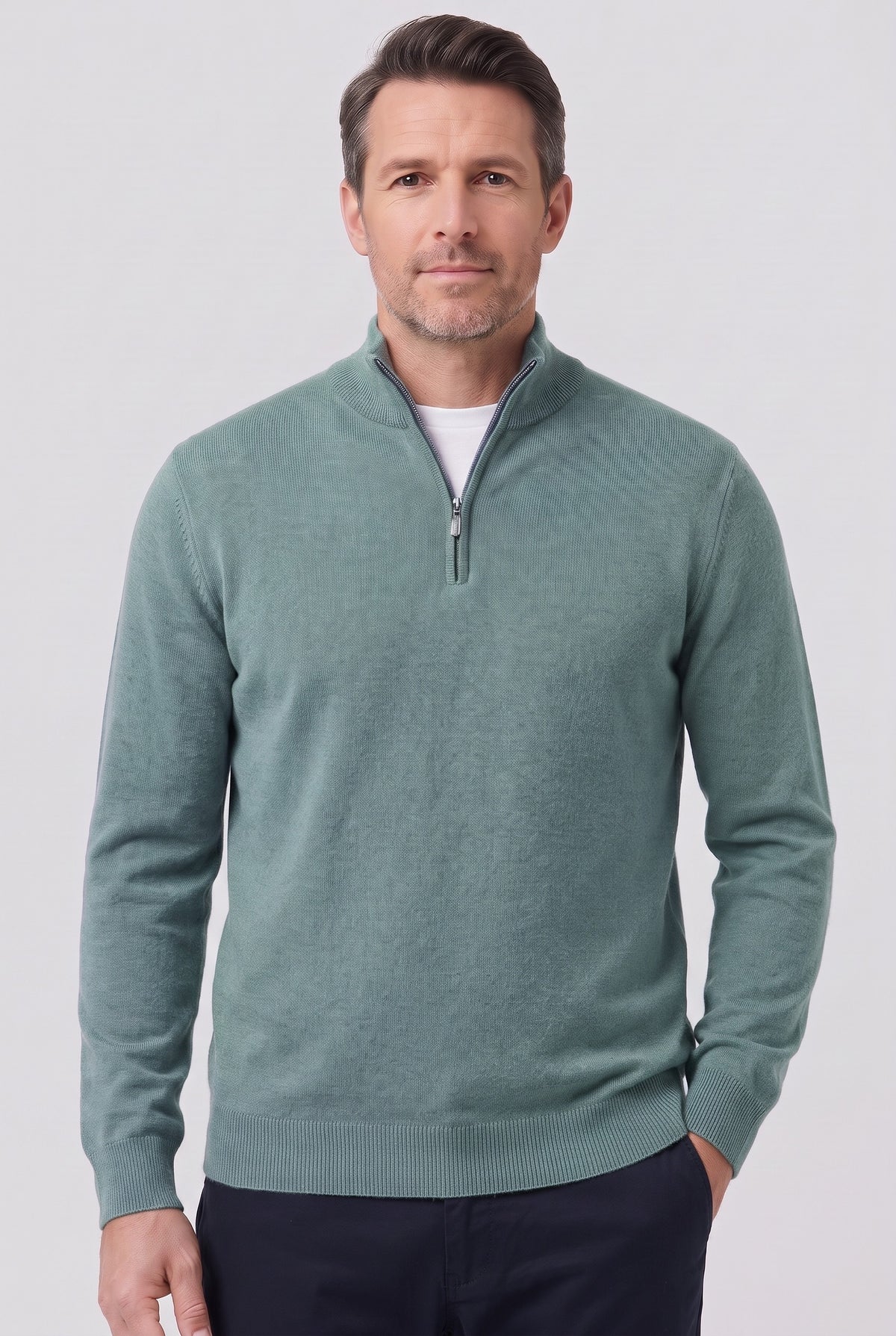 Men's Jumper | Fine Knit Half-Zip - Green