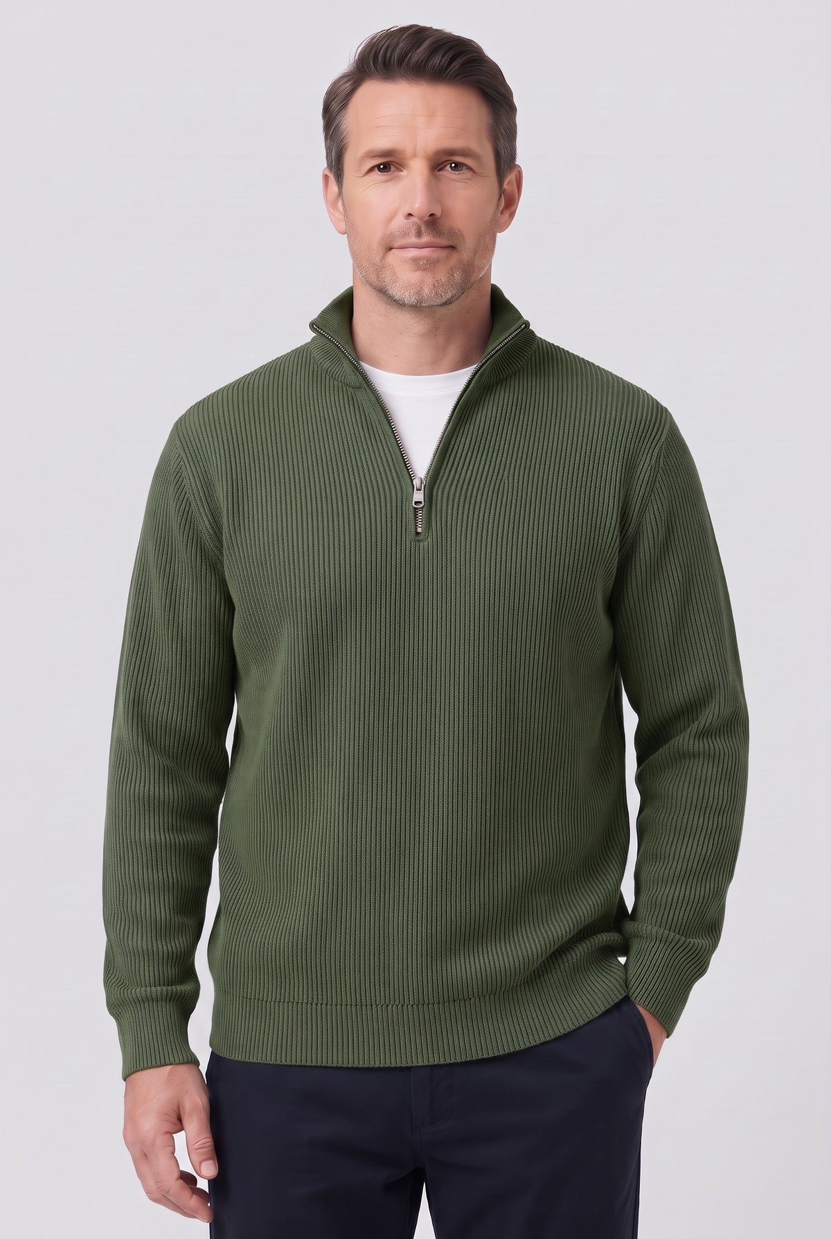 Men's Jumper | Ribbed Half-Zip - Army Green