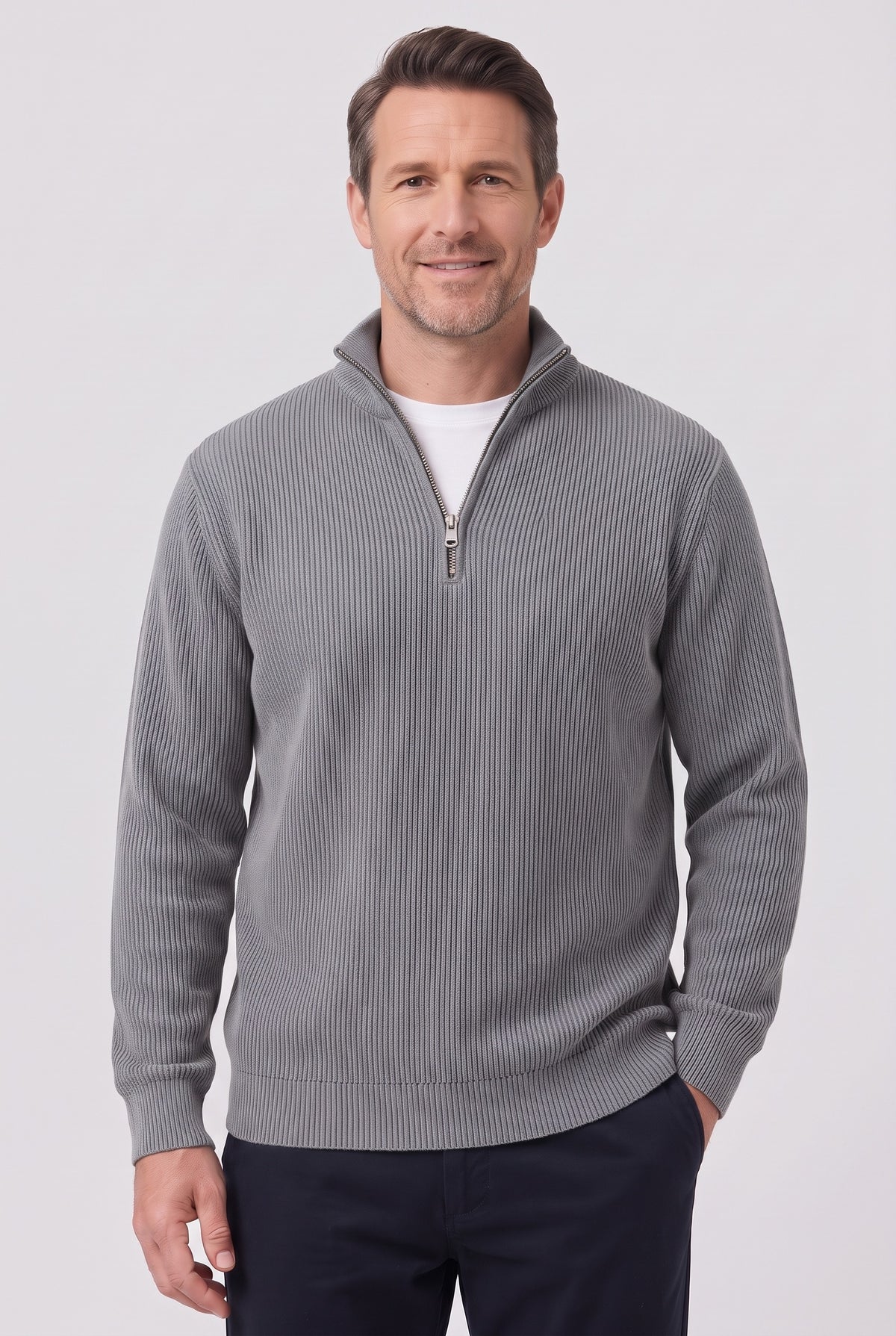 Men's Jumper | Ribbed Half-Zip - Grey