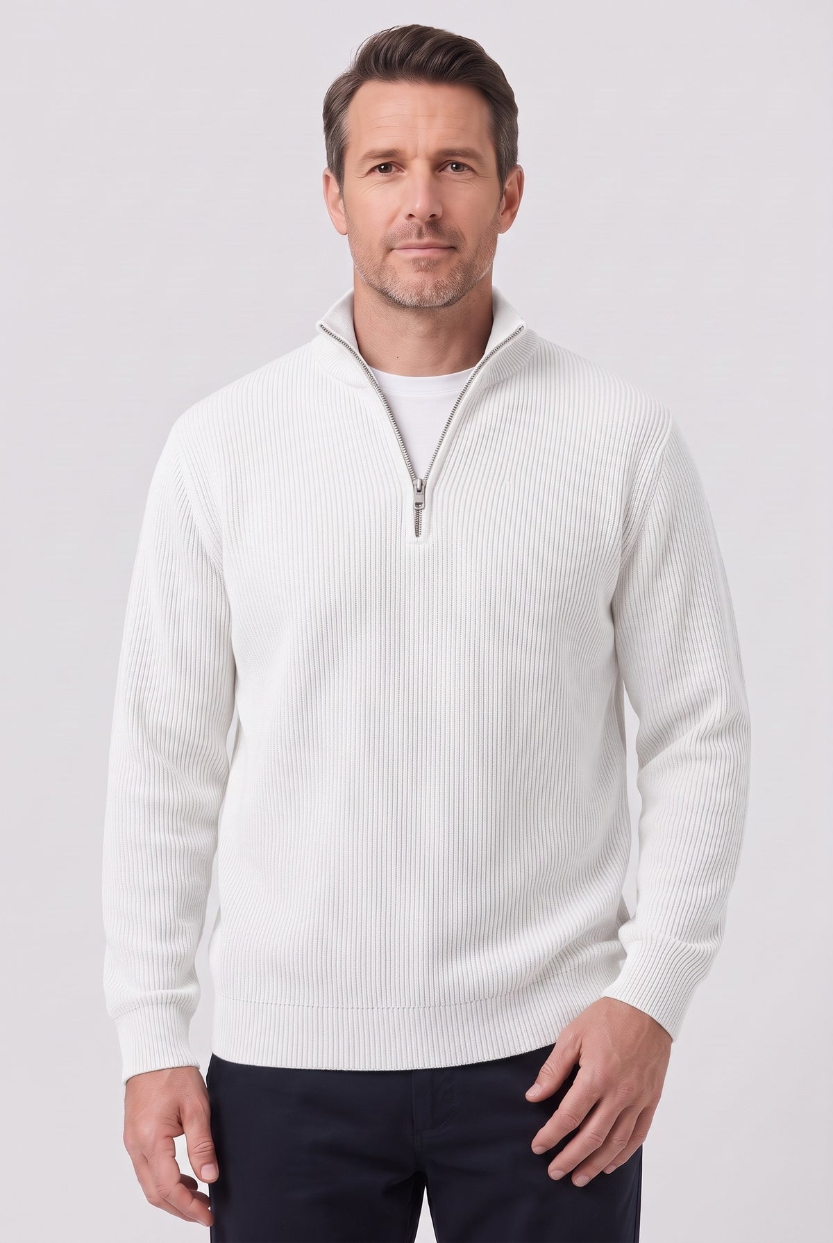 Men's Jumper | Ribbed Half-Zip - White