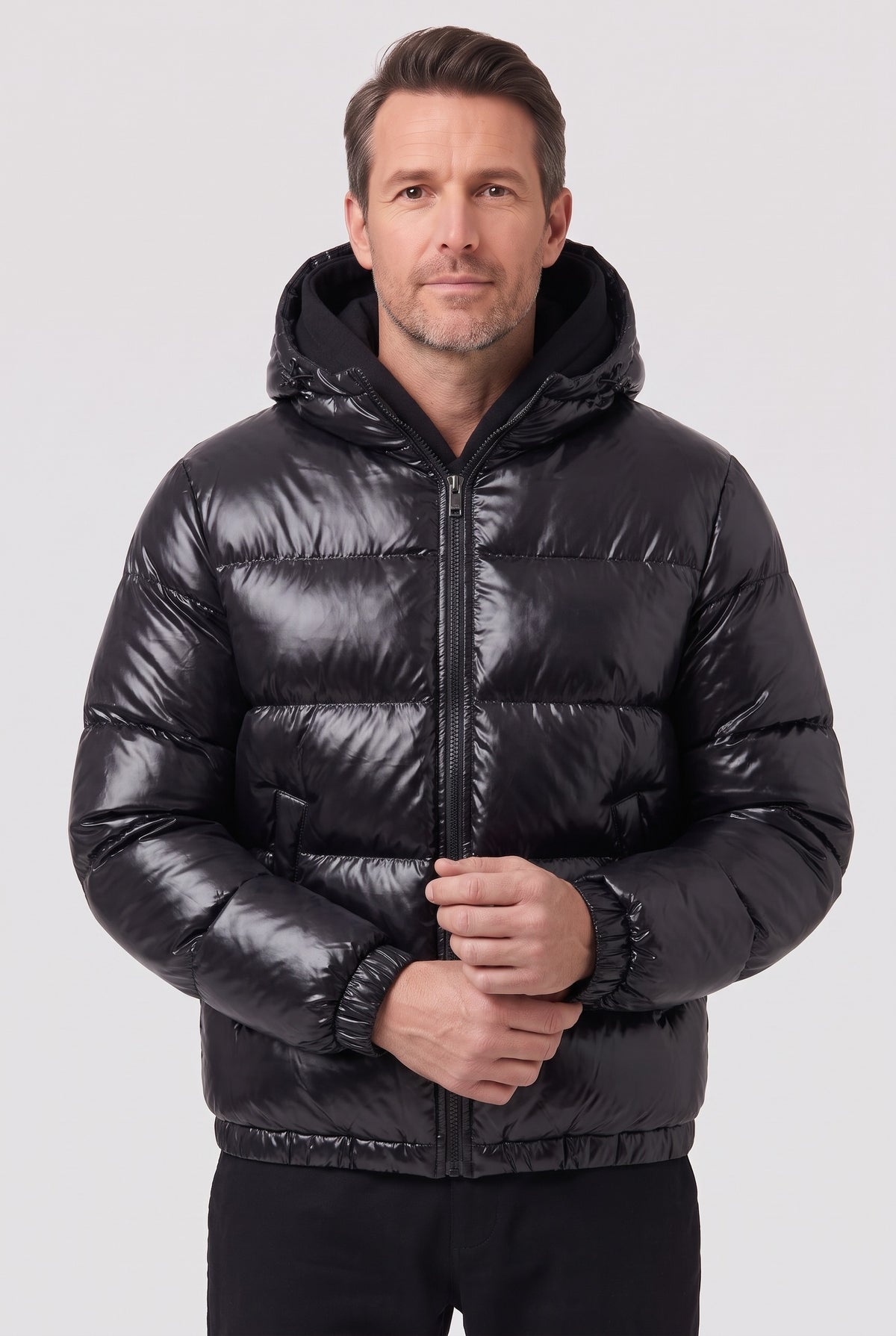 Men's Puffer Jacket | Hooded Zip-Up - Black