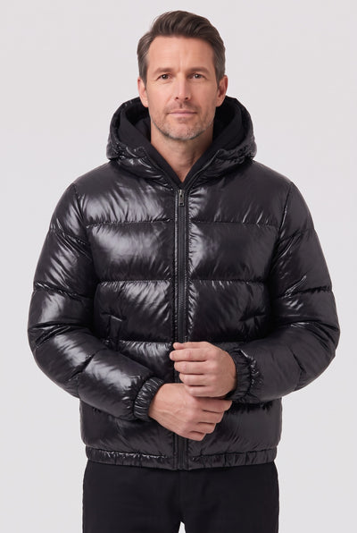 Men's Puffer Jacket | Hooded Zip-Up - Black