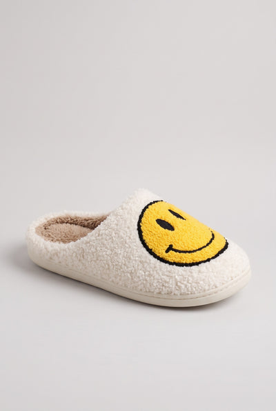 Women's Slippers | Fluffy Smiley Slip-On - White