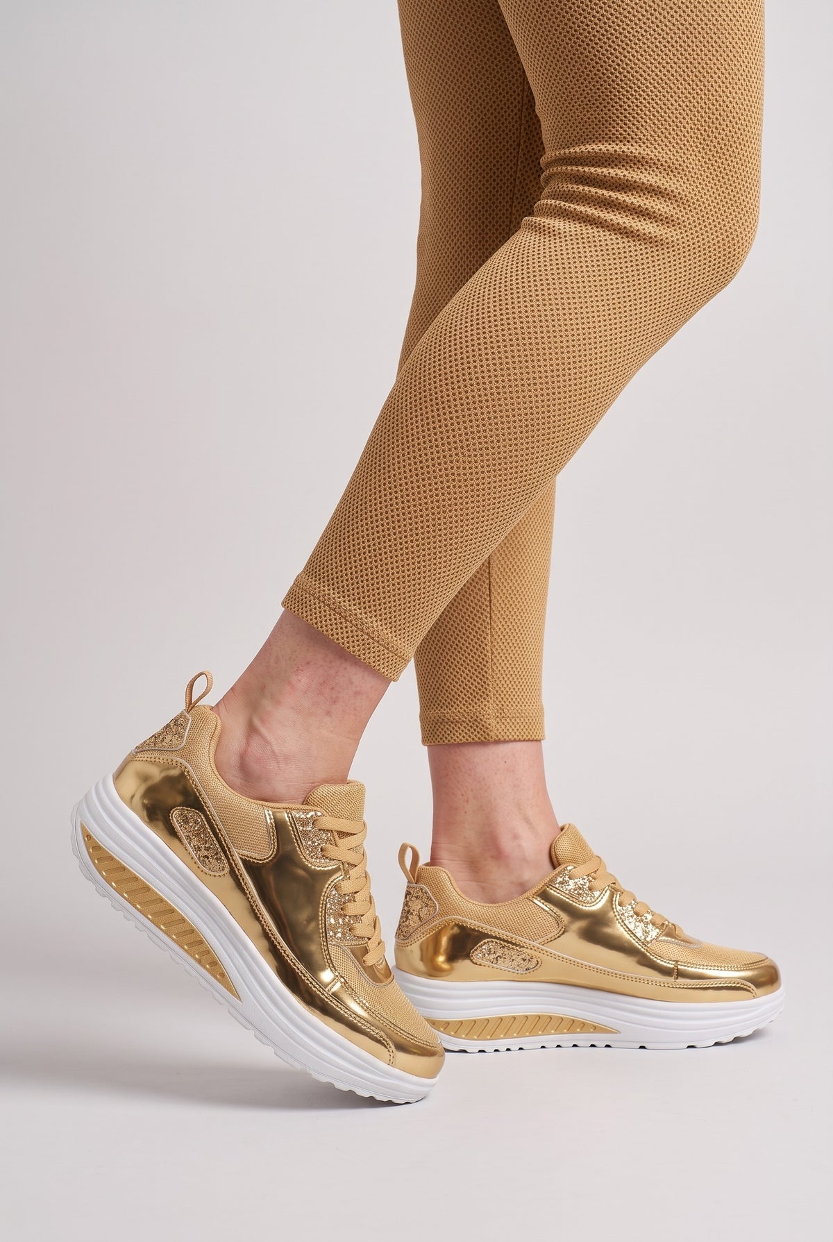 Women's Trainers | Glitter Platform Lace-Up - Gold worn