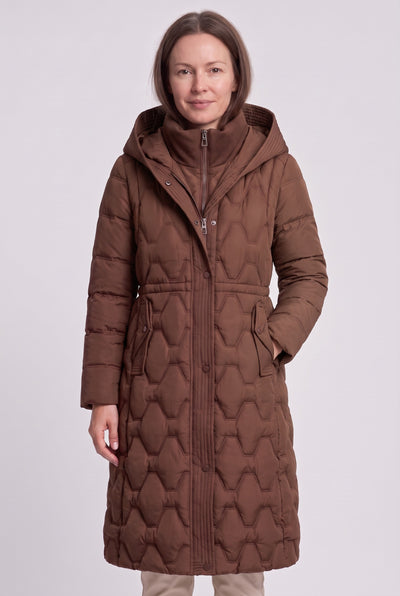 Women's Coat | Longline Hooded Padded - Brown