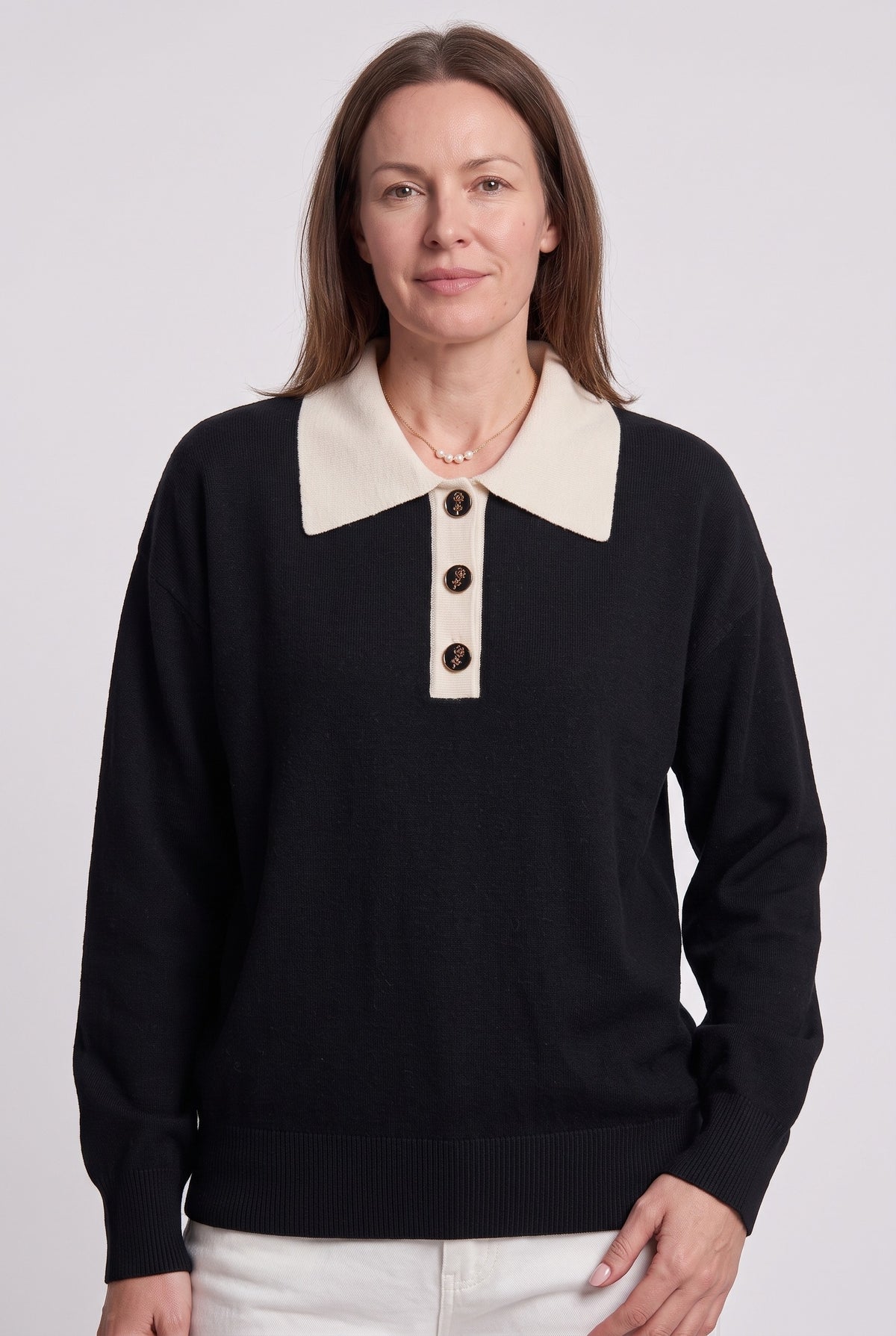 Women's Jumper | Contrast Collar Polo - Black