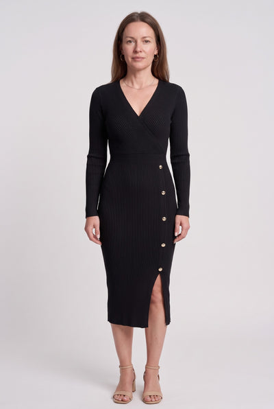 Women's Jumper Dress | Ribbed Side-Button Slit - Black