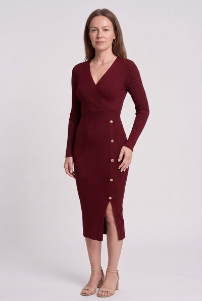 Women's Jumper Dress | Ribbed Side-Button Slit - Burgundy
