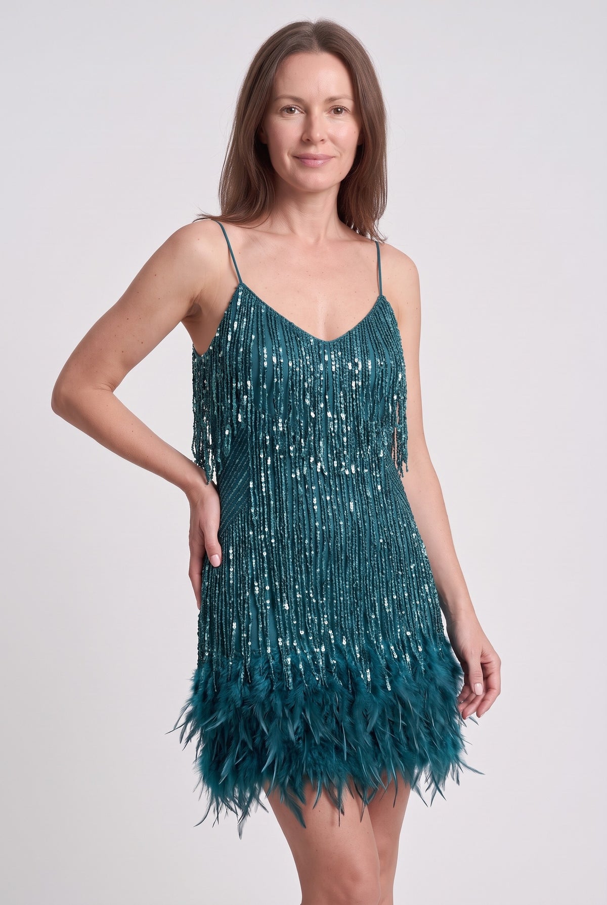 Women's Party Dress | Tassel Fringe Feather Hem - Peacock Blue