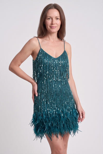 Women's Party Dress | Tassel Fringe Feather Hem - Peacock Blue