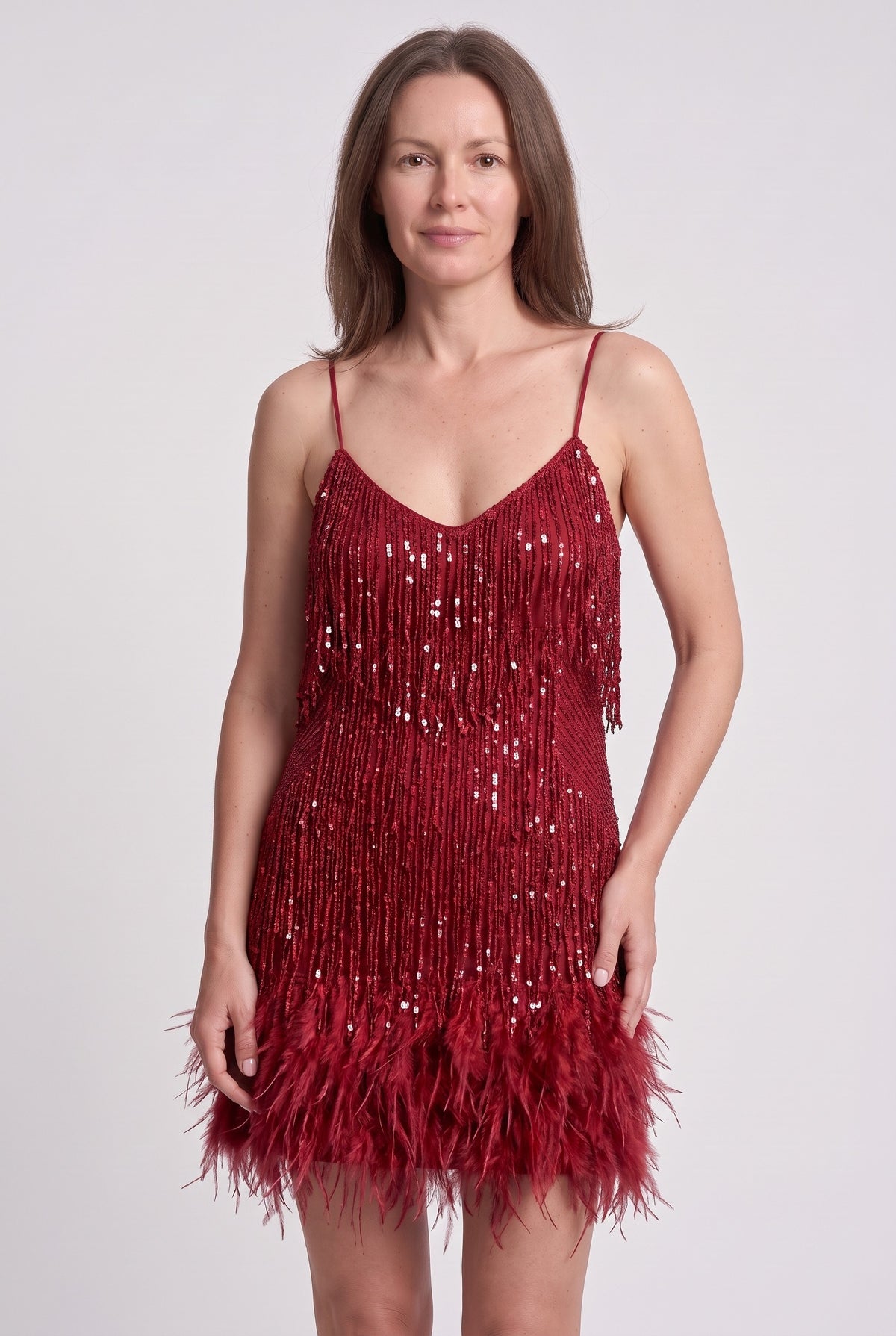 Women's Party Dress | Tassel Fringe Feather Hem - Red