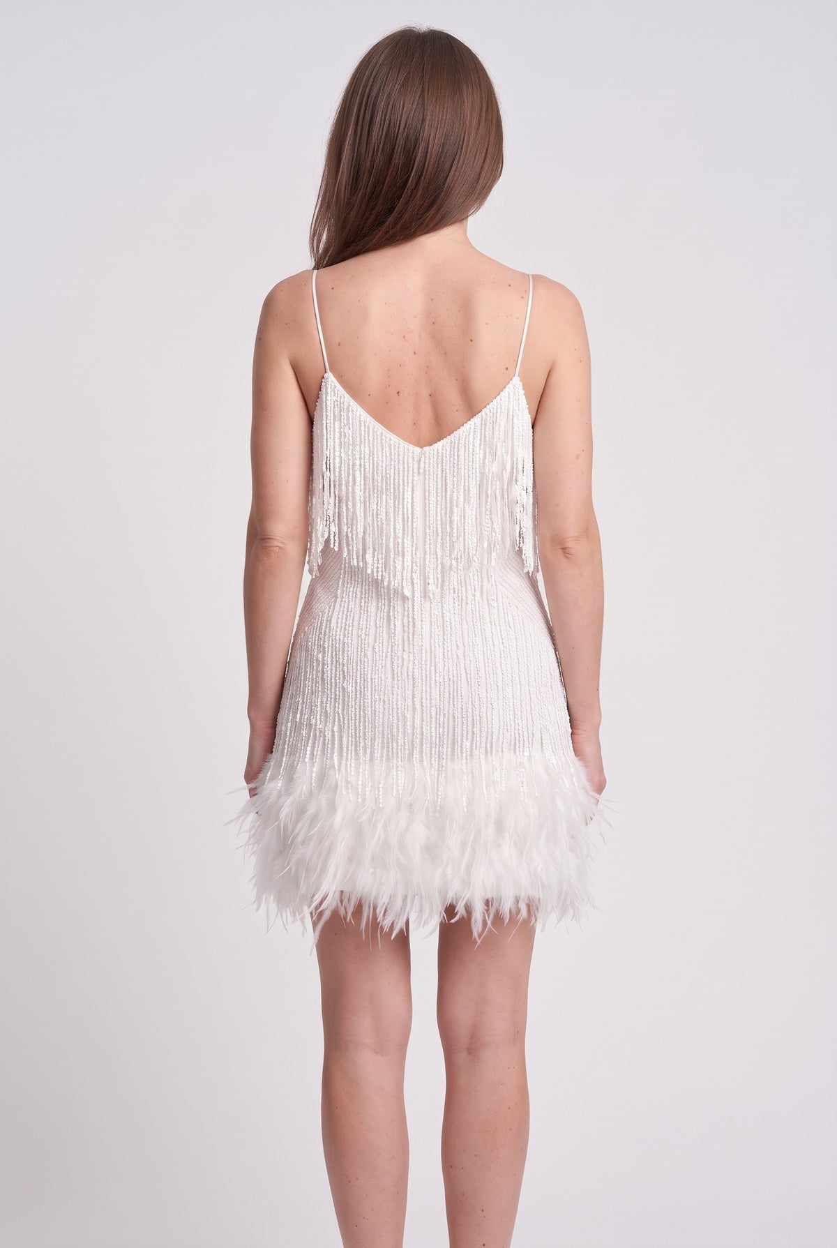 Women's Party Dress | Tassel Fringe Feather Hem - White back