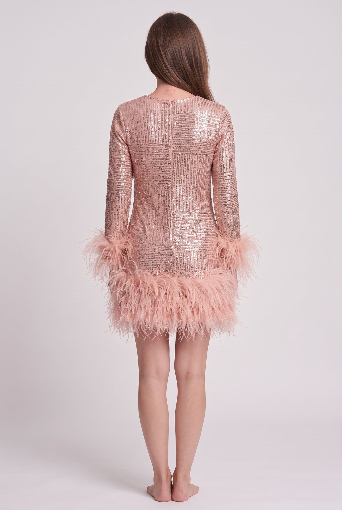 Women's Sequin Dress | Feather Hem Long Sleeve - Champagne back