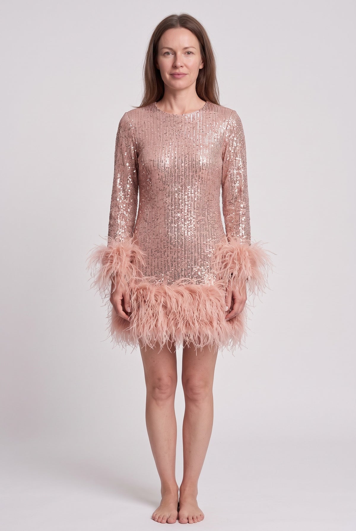 Women's Sequin Dress | Feather Hem Long Sleeve - Champagne