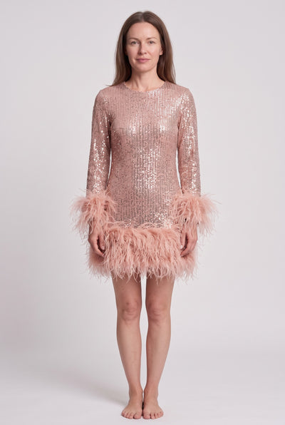 Women's Sequin Dress | Feather Hem Long Sleeve - Champagne