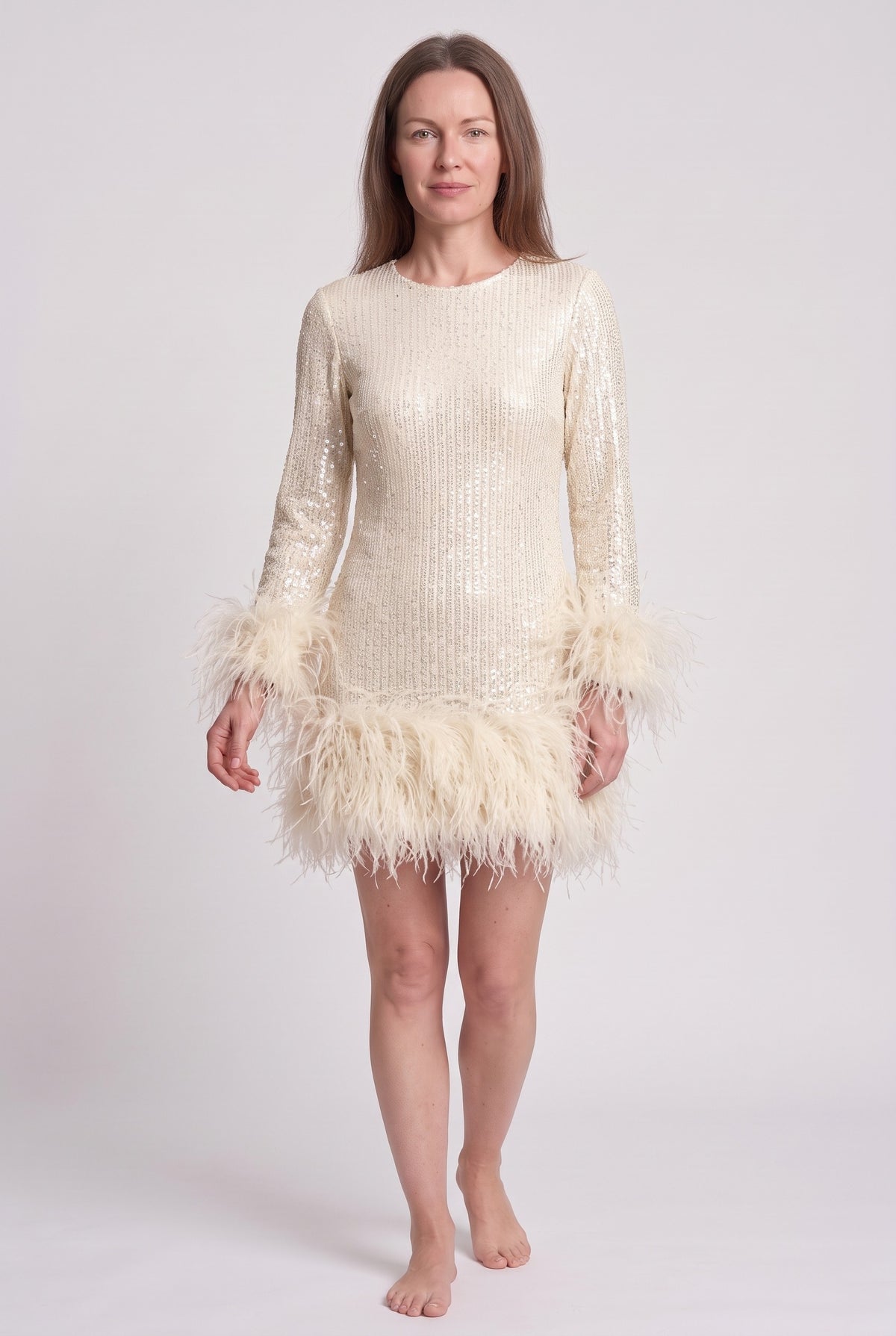 Women's Sequin Dress | Feather Hem Long Sleeve - Ivory