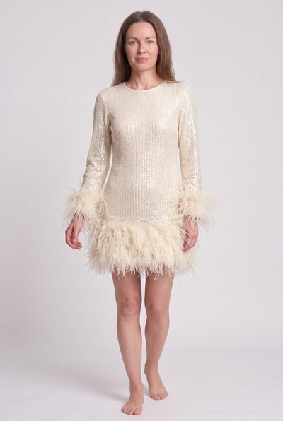 Women's Sequin Dress | Feather Hem Long Sleeve - Ivory
