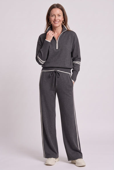 Women's Tracksuit | Half-Zip Wide Leg Set - Dark Grey